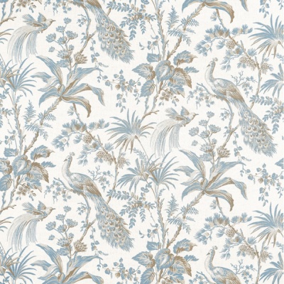 Anna French Peacock Toile Fabric in Soft Blue and Beige