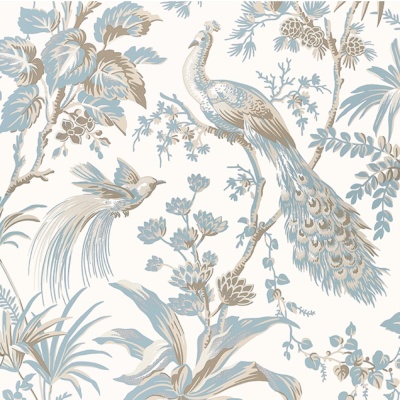 Anna French Peacock Toile Wallpaper in Soft Blue and Beige