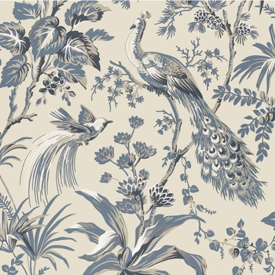 Anna French Peacock Toile Wallpaper in Slate and Black