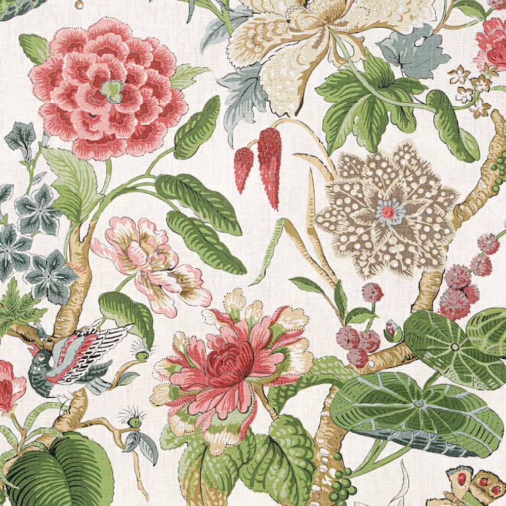 Thibaut Hill Garden Linen In Coral & Green - norfolktextiles.co.uk