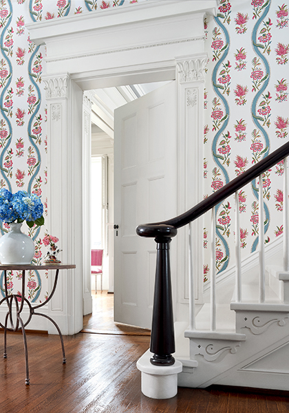 Thibaut Ribbon Floral Wallpaper in Raspberry & Teal