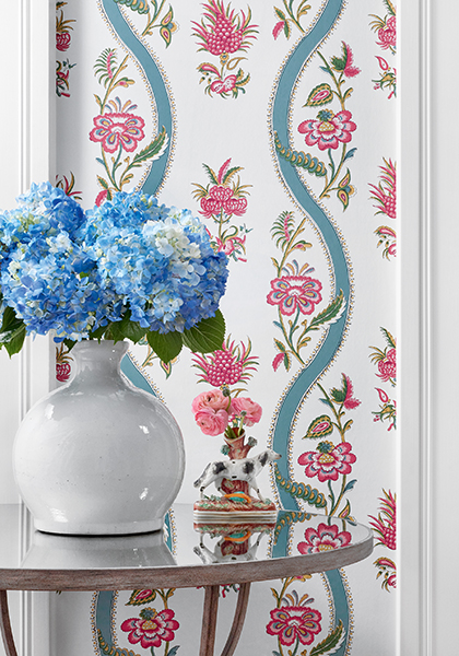 Thibaut Ribbon Floral Wallpaper in Blue & White