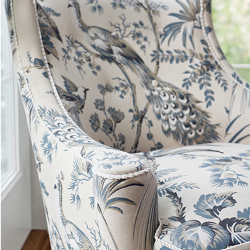 Anna French Peacock Toile Fabric in Soft Blue and Beige