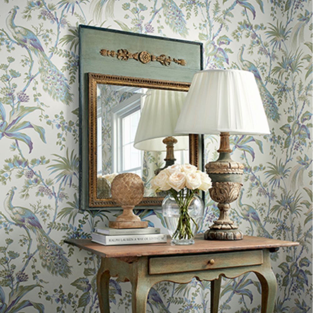 Anna French Peacock Toile Wallpaper in Slate and Black
