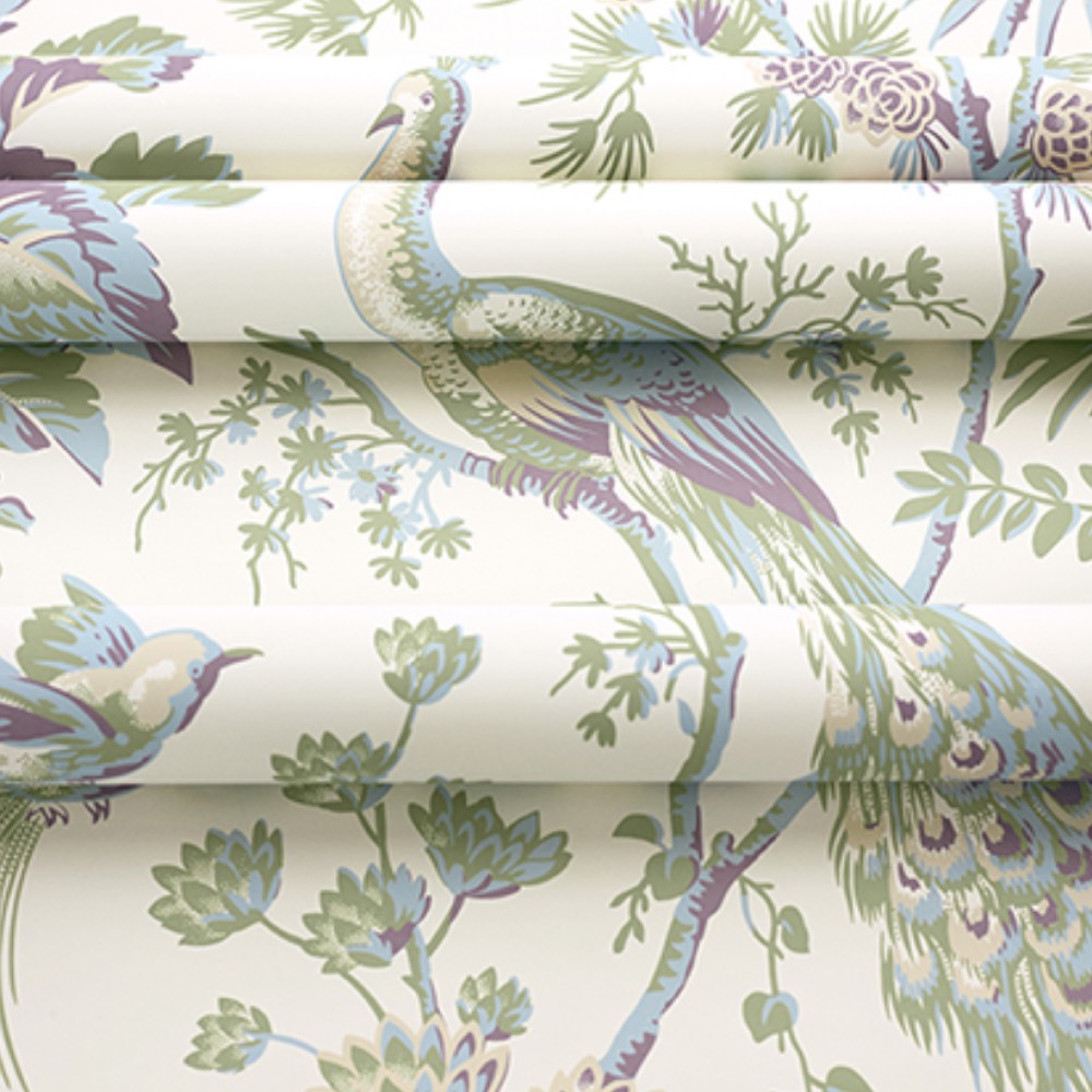 Anna French Peacock Toile Wallpaper in Green on Natural