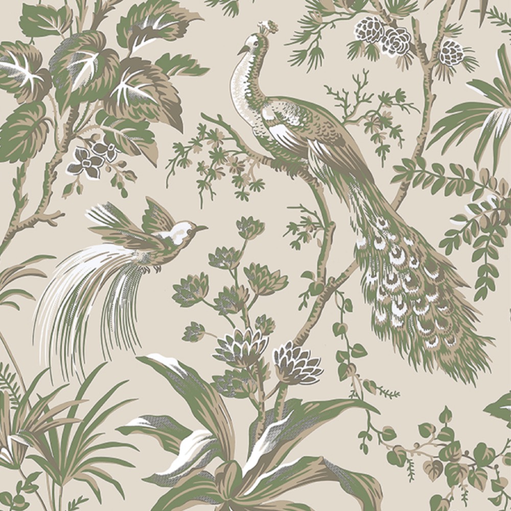 Anna French Peacock Toile Wallpaper in Green on Natural