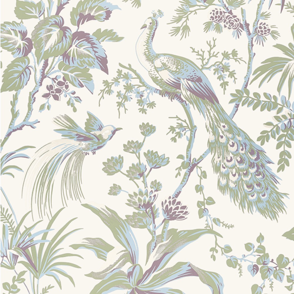 Anna French Peacock Toile Wallpaper in Green and Plum