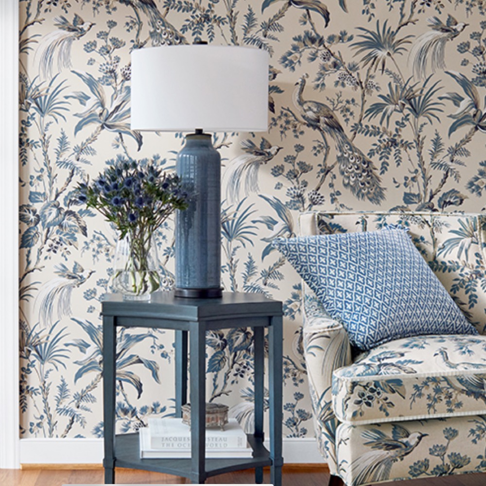 Anna French Peacock Toile Wallpaper in Slate and Black