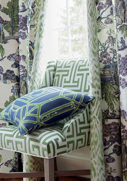 Thibaut Asian Scenic Fabric in Robins Egg