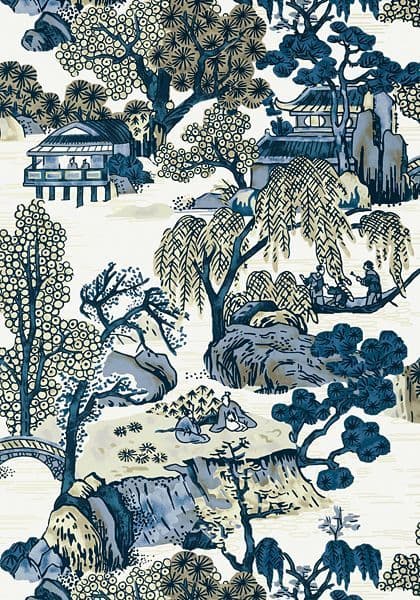 Thibaut Asian Scenic Wallpaper in Blue and Beige