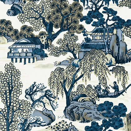 Thibaut Asian Scenic Wallpaper in Blue and Beige - norfolktextiles.co.uk