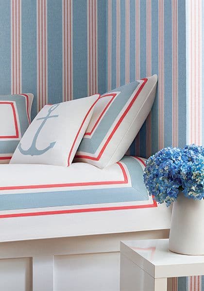 Thibaut Canvas Stripe Wallpaper in Blue and Coral