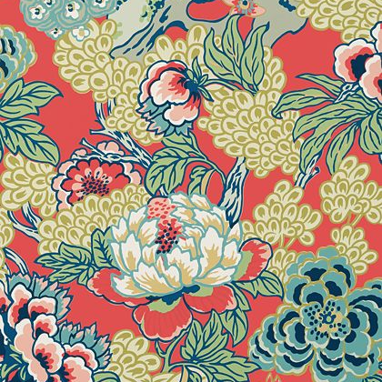 Thibaut Honshu Wallpaper in Coral and Green