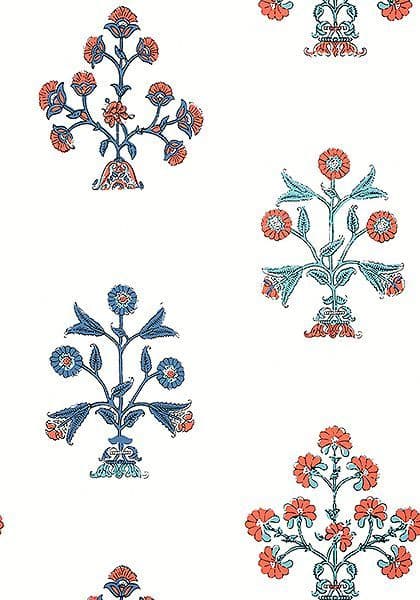 Thibaut Indian Flower Wallpaper in Coral and Blue