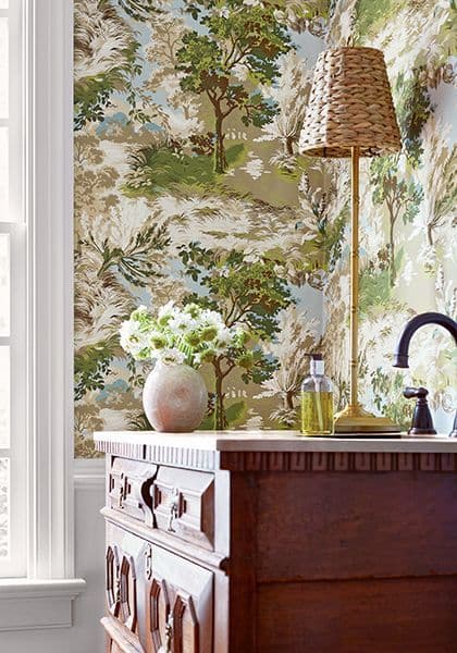 Thibaut Lincoln Toile Wallpaper in Blue and Flax
