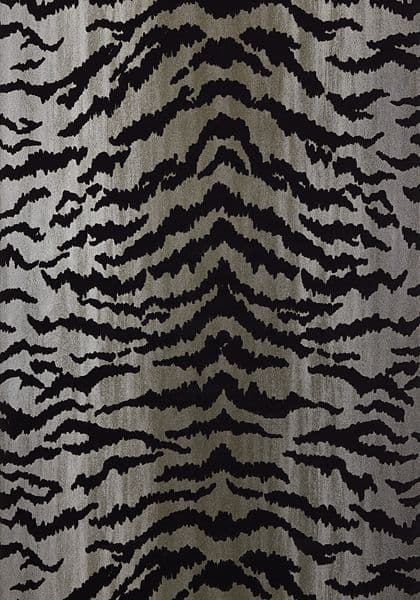 Thibaut Tiger Flock Wallpaper in Black on Metallic Silver