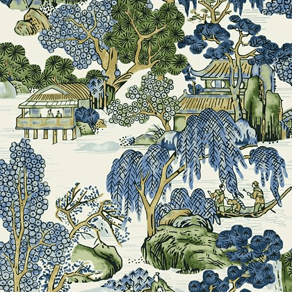Thibaut Asian Scenic Fabric in Blue and Green - norfolktextiles.co.uk