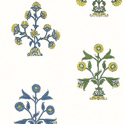 Thibaut Indian Flower Wallpaper in Blue and Yellow